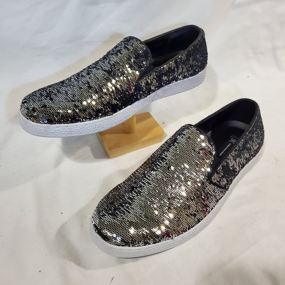 Men's Silver Flash Sequin Slip On Casual Sneakers - Picture 3 of 7